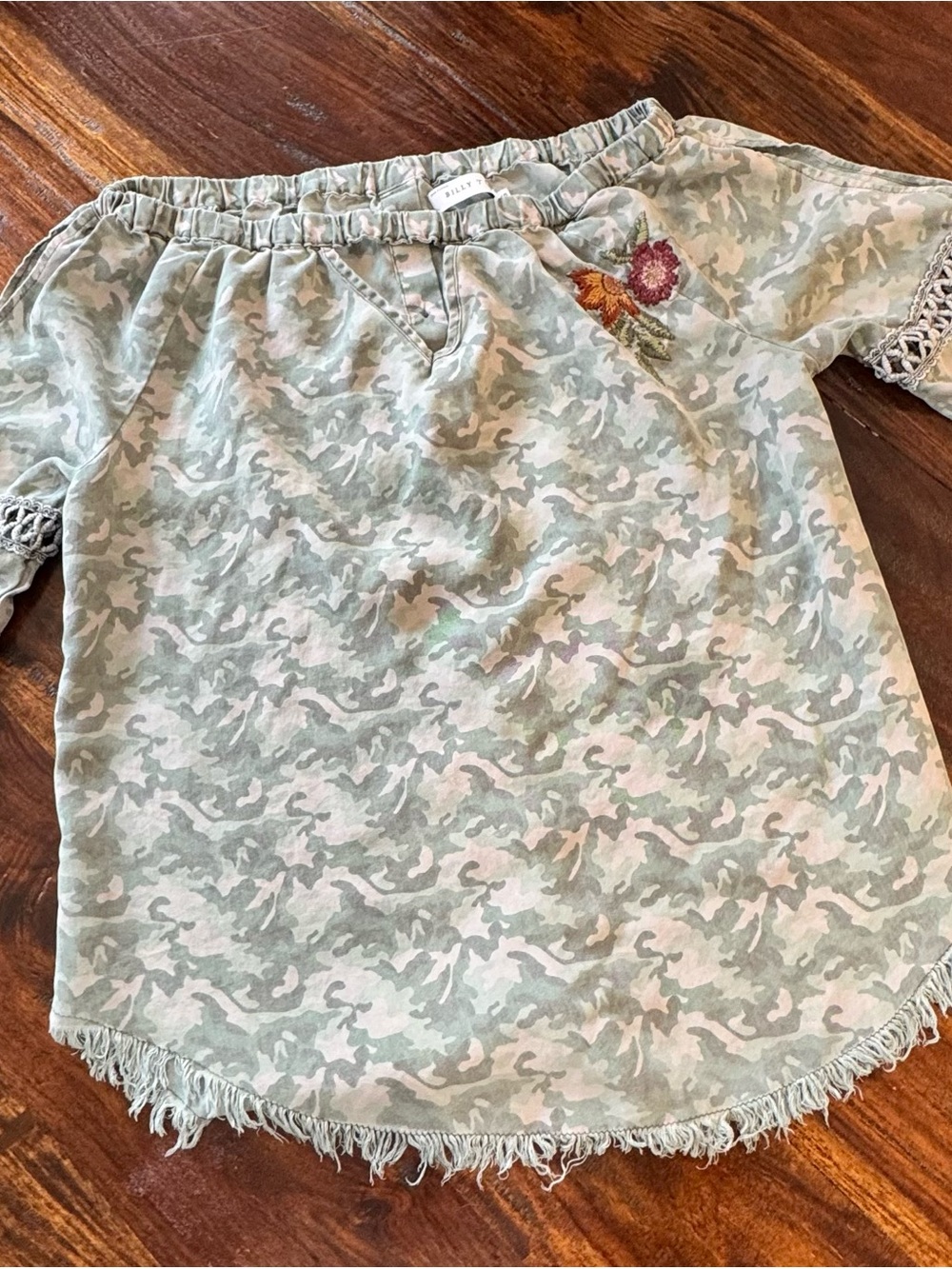 Off-Shoulder Sage Camo Blouse with Floral Accent
